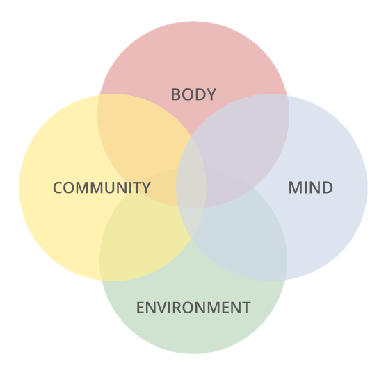 A venn diagram with overlapping circles labeled mind, body, community, environment.|350